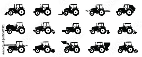 Tractor silhouette set with farming machines. Each tractor shows agricultural equipment in bold minimal black styling