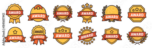 Award badges set celebratory emblems with decorative borders. Shows stars, ribbons, laurels, shields, circular