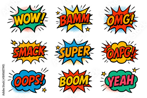 Comic expressions illustrated in bold pop art style with explosive shapes. The set shows wow, bamm, omg, smack, super, oops, boom, and yeah bursts in bright colors