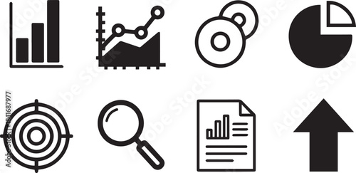 Collection of Black and White Icons Representing Business Growth, Analytics, and Strategy