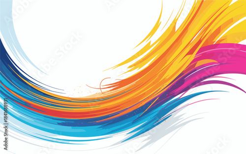 Colorful sweeping brush strokes in blue, orange, yellow, and magenta on white, creating dynamic, energetic movement across the frame