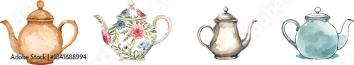 Hand drawn watercolor set of teapot illustration. isolated on white