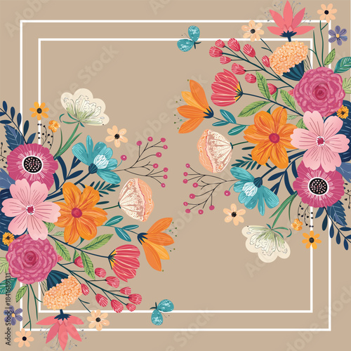 Elegant floral vector frame with soft pastel flowers arranged around a bright mustard background, decorative botanical border design perfect for invitations, greeting cards, posters, social media temp
