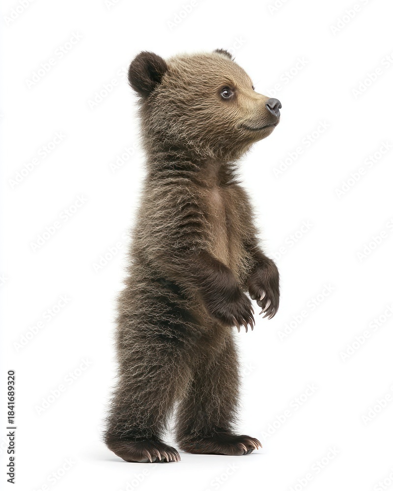 Fototapeta premium Small brown bear cub stands upright, looking to the right on a white backdrop