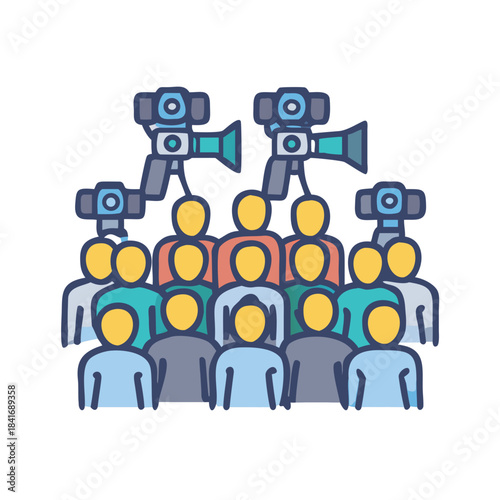 Based on the image of a crowd of journalists and paparazzi with cameras, here is the requested title and list of keywords optimized for Adobe Stock SEO. 