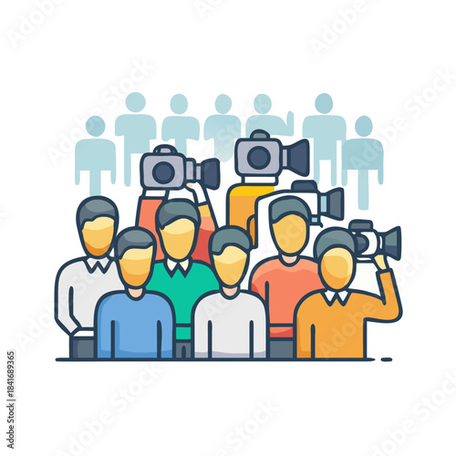 Based on the image of a crowd of journalists and paparazzi with cameras, here is the requested title and list of keywords optimized for Adobe Stock SEO. 