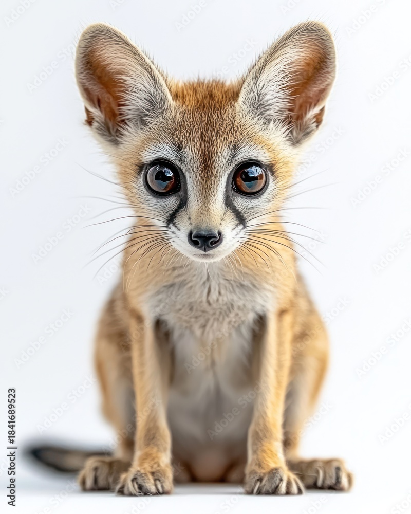Obraz premium Small, tan fox sits facing forward with large eyes and big ears, on white
