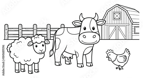 Farm Animals Scene with Cow, Sheep, and Chicken near a Barn and Fence in Bright Studio