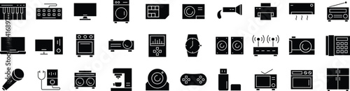 Electronic and Device Solid icon set – Computer, Technology, Equipment, Digital, Laptop, and Gadget Solid icon pack