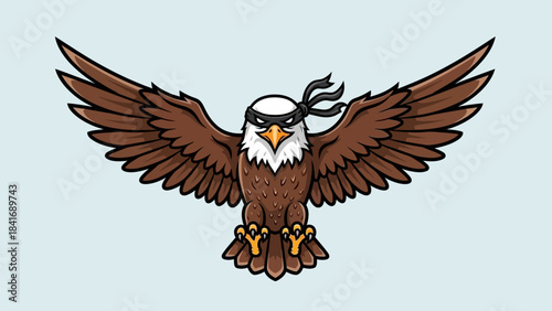 Cartoon-style eagle with ninja headband soaring through a light blue sky, symbolizing freedom