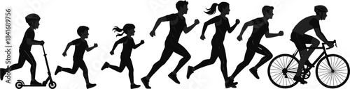 Active and healthy lifestyle concept with diverse people silhouettes running, jogging, scooting, and cycling, promoting fitness, sports, and outdoor activities for all ages.