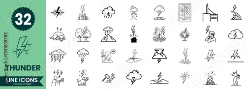 Thunder Line Icons Set Lightning, Storm, Weather, Electricity, Danger, Power Minimal Line Art Pack