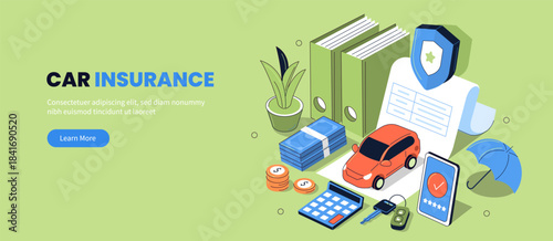 Auto insurance illustration banner. Workspace with policy contract, claim documents. Car protection, risk assessment concept. Outline vector isometric.
