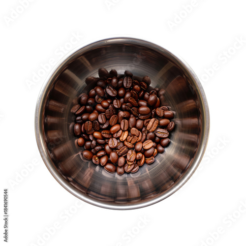 Coffee beans in metal bowl.