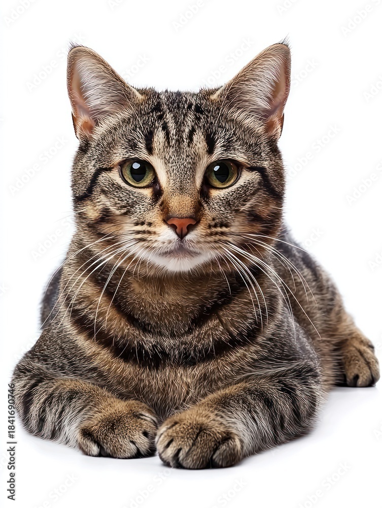 Fototapeta premium Striped tabby cat with yellow eyes, centered against a white background