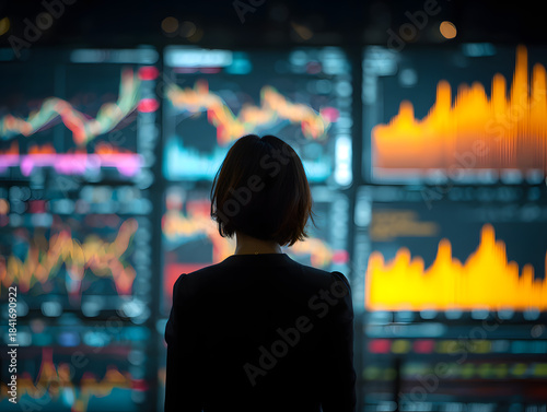 businesswoman analyzing financial charts on digital