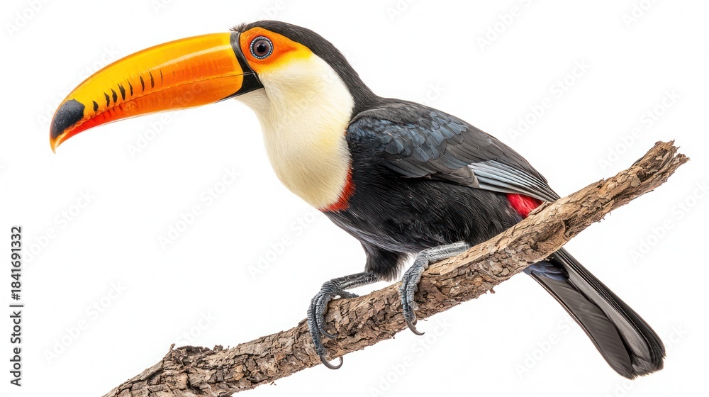 Fototapeta premium Toucan perched on a branch, white background, vivid beak and eye detail