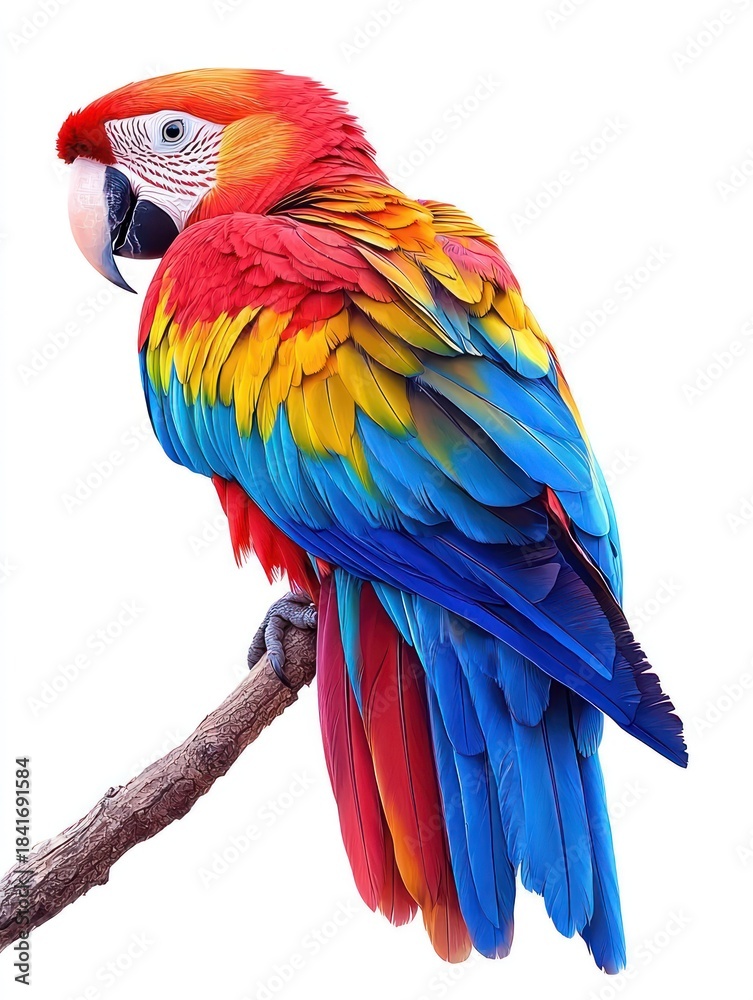 Fototapeta premium Vibrant macaw perched on a branch, displaying bright red, yellow, and blue feathers