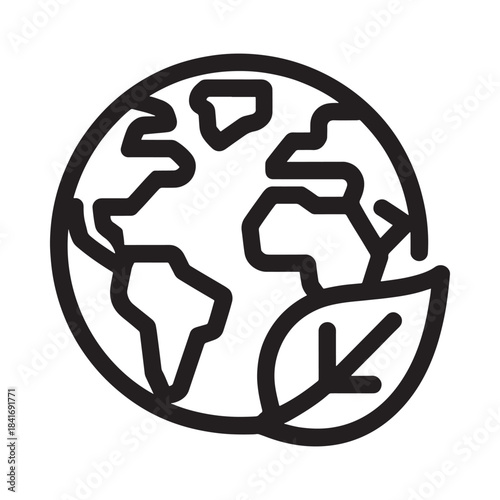 A minimalist black line icon of a healthy earth with a leaf, symbolizing environmental protection and sustainability