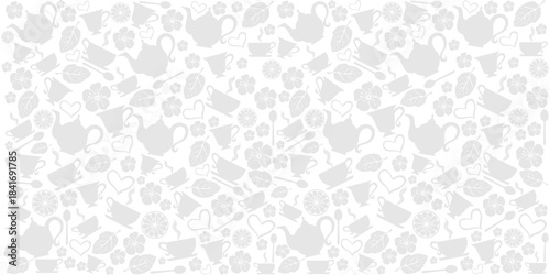 Tea time. Seamless pattern with tea pots and tea cups. Endless texture for wallpaper, web page background, wrapping paper. White background. Vector Illustration