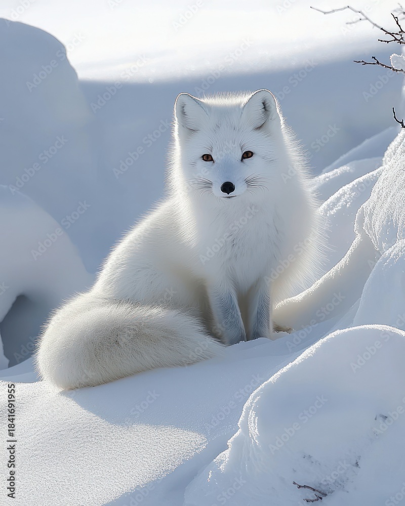Obraz premium White arctic fox sits on snowy ground, its fur pristine in winter light