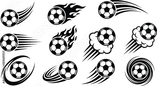 Dynamic soccer ball motion icons for sports branding, team logos and athletic design projects