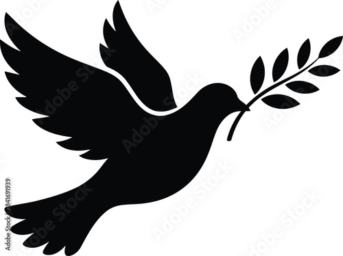 Dove with olive branch silhouette for peace symbols, logo design and inspirational artwork