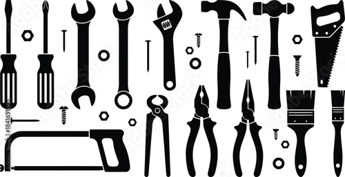 Hand tool silhouette set for construction branding, DIY projects and workshop design graphics