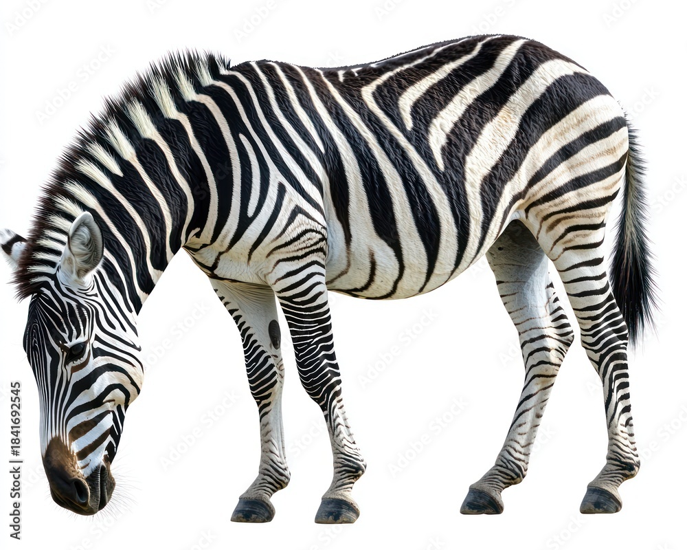 Naklejka premium Zebra grazing, head down, black and white stripes, isolated on a white background