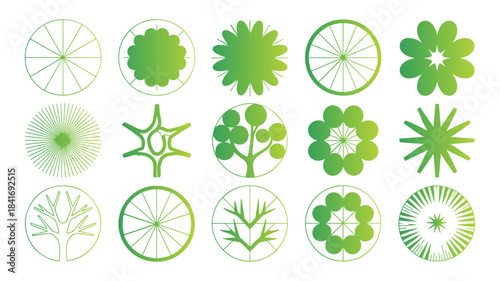 Set of 15 different green tree top view icons and symbols for landscape architecture and design projects