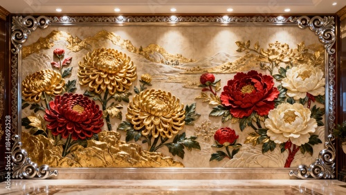 Ornate 3D wall mural with golden chrysanthemums and red peonies. Luxury bas-relief sculpture in a traditional Chinese style. Opulent wall art for high-end interior design