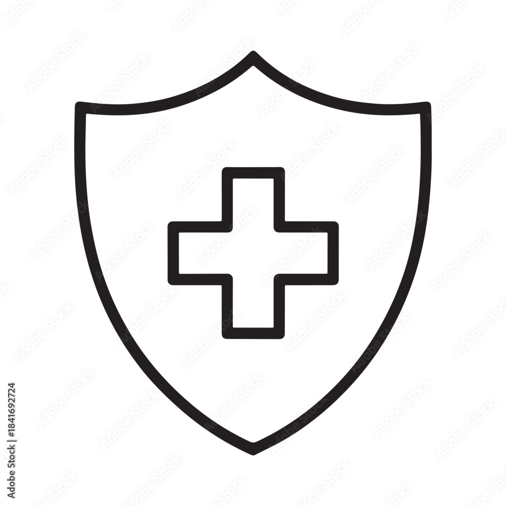 Fototapeta premium Simple line art icon of a shield with a medical cross symbolizing health protection and security