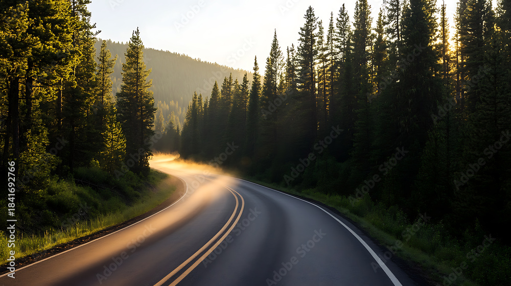 Obraz premium A scenic road winds through a dense forest, illuminated by the warm glow of the sun. The mist adds a touch of mystery to the tranquil landscape, inviting viewers to explore.