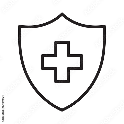 Simple line art icon of a shield with a medical cross symbolizing health protection and security