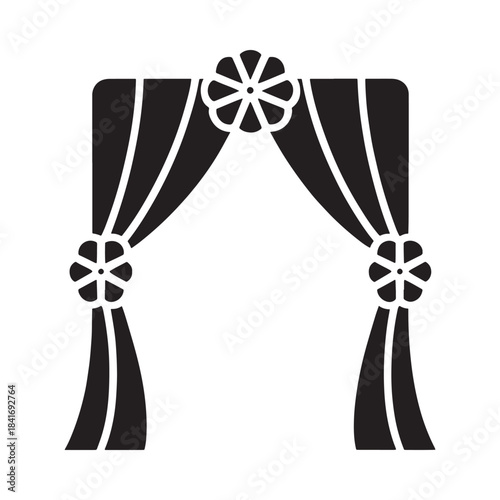 A simple black and white icon of a decorative wedding arch with draped curtains and flowers