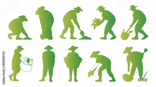 Evolution of gardening a series of silhouettes depicting human interaction with plants and soil over time