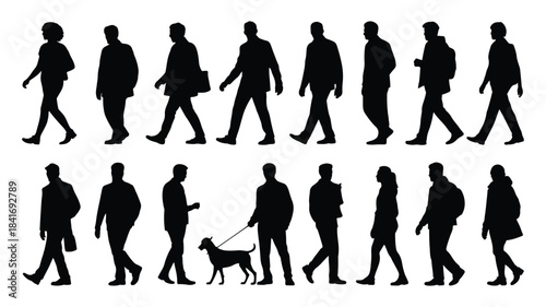 Collection of silhouettes of people walking in profile