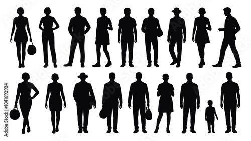Silhouettes of men and women in various poses and outfits
