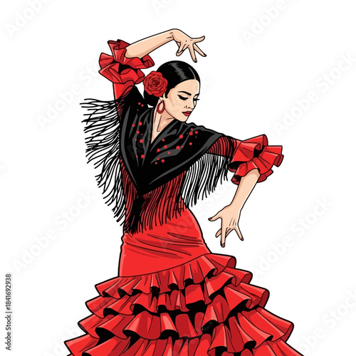 Flamenco Dancer in Red Dress and Black Shawl with Rose in Hair