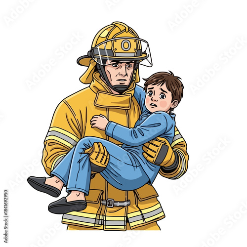 Brave Firefighter Rescues Scared Child Safely in Protective Gear Illustration