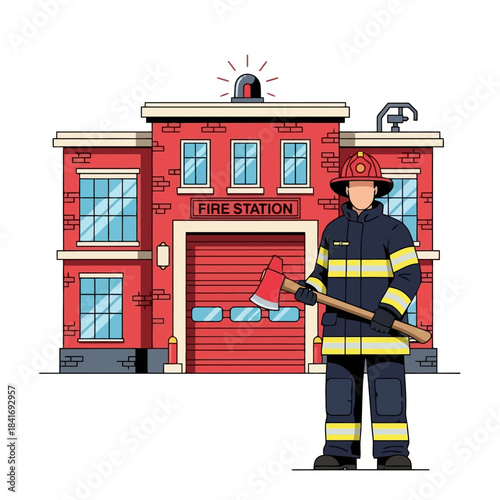 Firefighter with Axe in front of Red Brick Fire Station Building Illustration