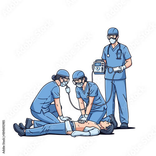 Medical Team Performing CPR and Defibrillation on Patient with Medical Equipment