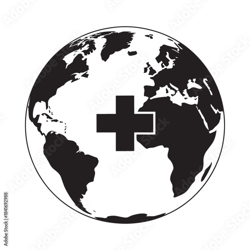 Earth globe silhouette with medical cross symbol representing global healthcare and humanitarian aid
