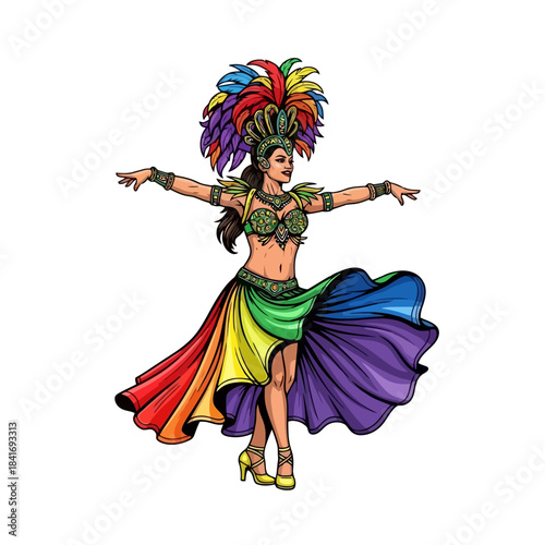 Vibrant Brazilian Samba Dancer in Rainbow Costume with Feather Headdress