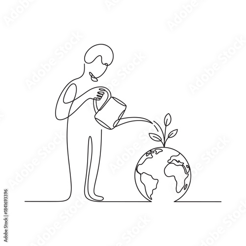 A person watering a young plant on top of the globe, representing care for the environment.