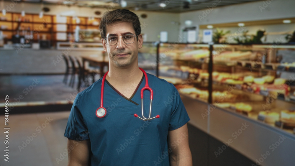 Fototapeta premium Man doctor in blue scrubs with stethoscope hand on chin thinking near a pastry display inside a building; thoughtful concern.