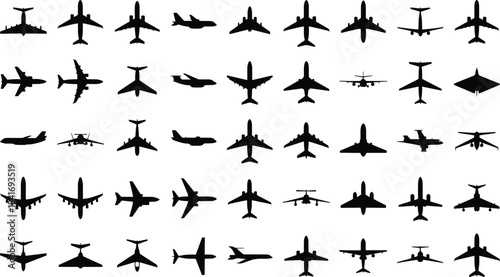 Collection of commercial passenger jet and propeller aircraft silhouettes; diverse aviation transportation icons, top view and side profile, isolated vector set for travel, logistics
