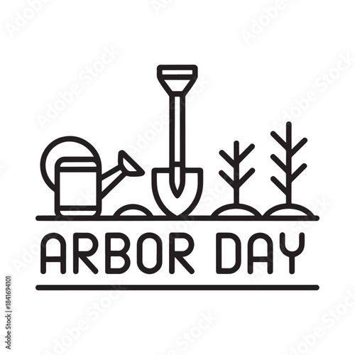 Arbor day celebration with watering can, shovel, and young plants illustration
