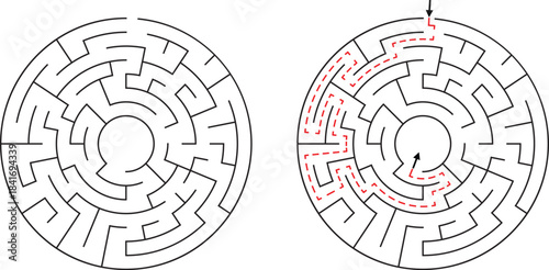 Circular maze with solution path shown in red dashed lines and arrows labyrinth puzzle