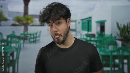 Foto Young man with beard gestures playfully outdoors at a lively restaurant terrace with vibrant green chairs under a sunny sky